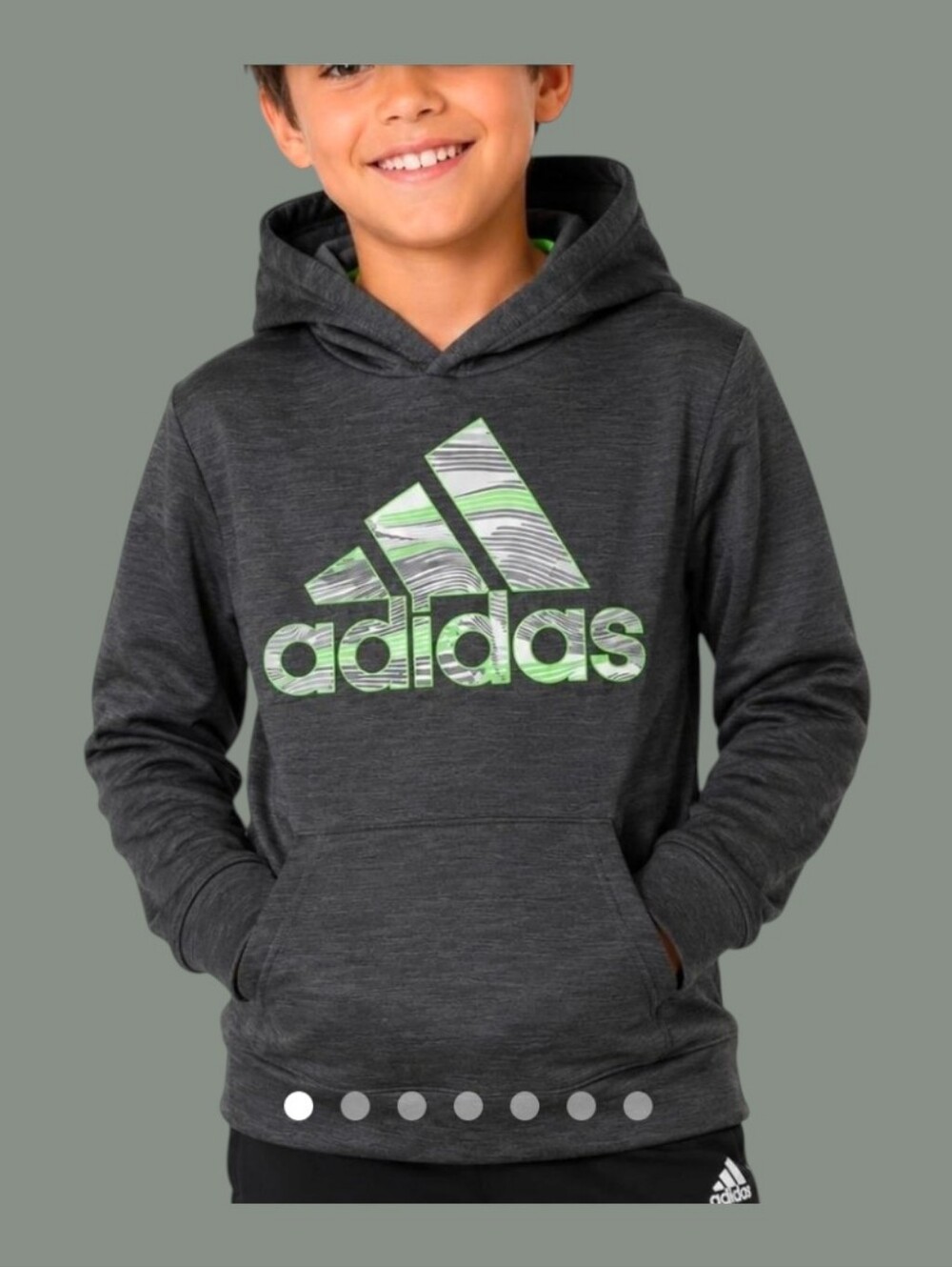 adidas Youth Boy's Tech Heather Grey Pullover Hoodie with Green Logo